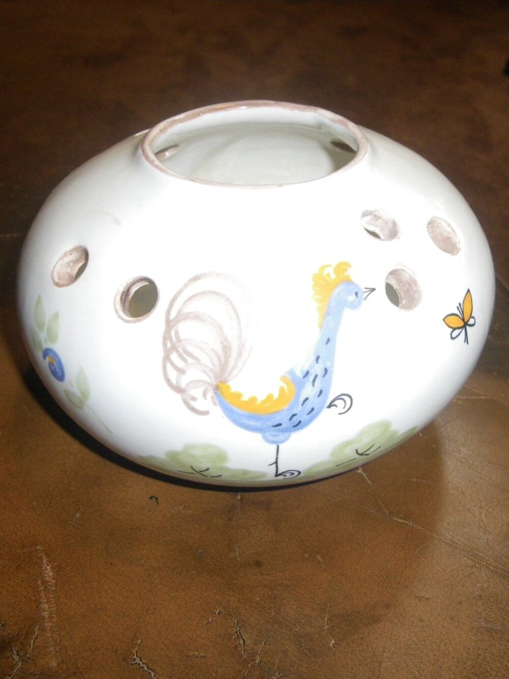 Vintage Small Earthenware Hand-painted Glazed Decorative Bowl Vase w/ Chickens